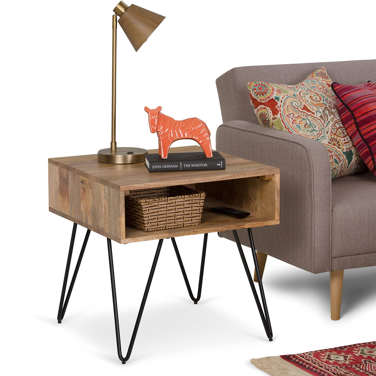 SIMPLIHOME Hunter Solid Mango Wood and Metal 22 inch wide Square Mid Century Modern End Side Table in Natural with Storage, 1 Shelf, for the Living Room and Bedroom SIMPLIHOME