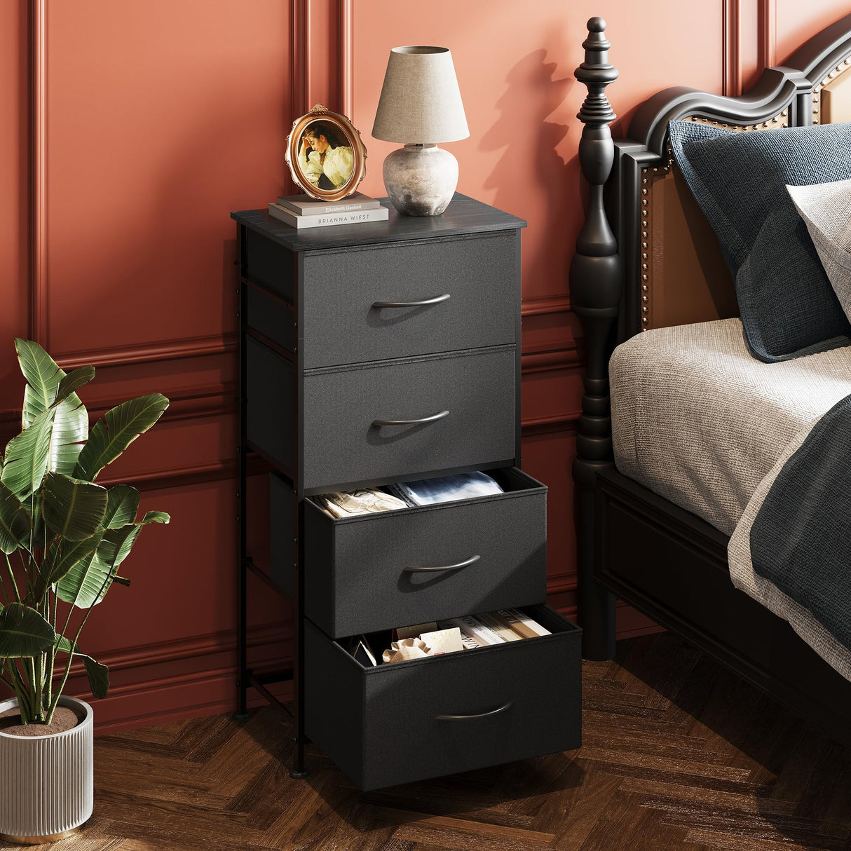 WLIVE Dresser with 4 Drawers, Fabric Storage Tower, Organizer Unit for Bedroom, Hallway, Entryway, Closets, Sturdy Steel Frame, Wood Top, Easy Pull Handle, Charcoal Black WLIVE