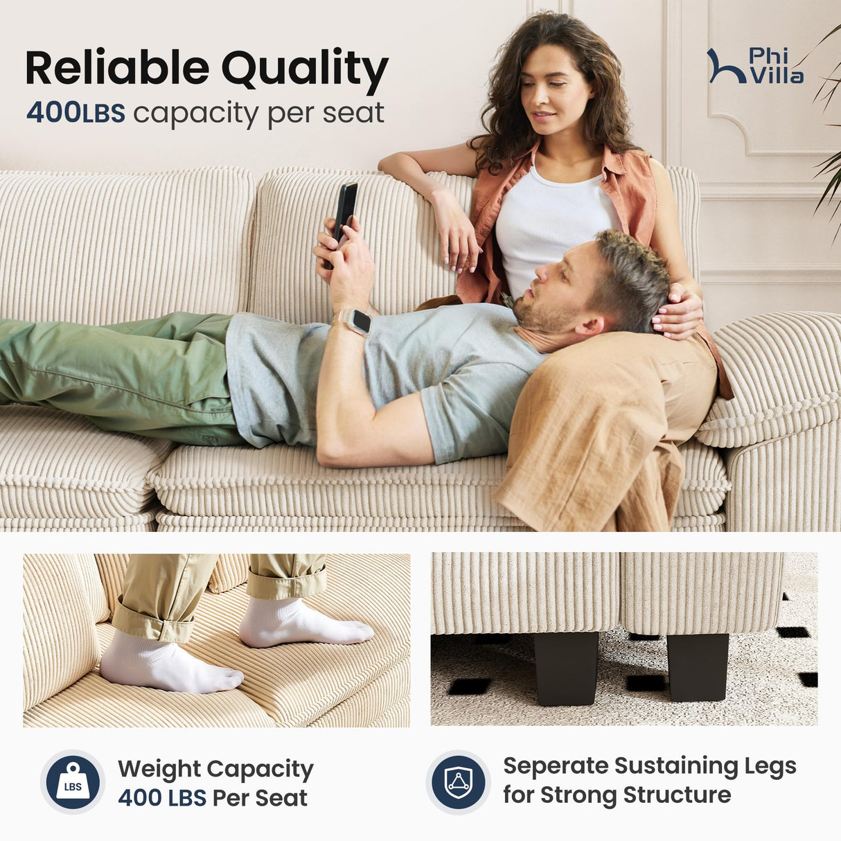 PHI VILLA Cloud Modular Couches Sets, 2 Pieces Comfy Sectional Sofa Set with Loveseat, 5-Seater Upholstered Couch for Living Room, Corduroy, Beige PHI VILLA