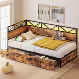 LIKIMIO Twin Daybed with Storage Drawers and Charging Station, Corner Bed Frames with Headboard and LED Lights, Industrial Brown LIKIMIO