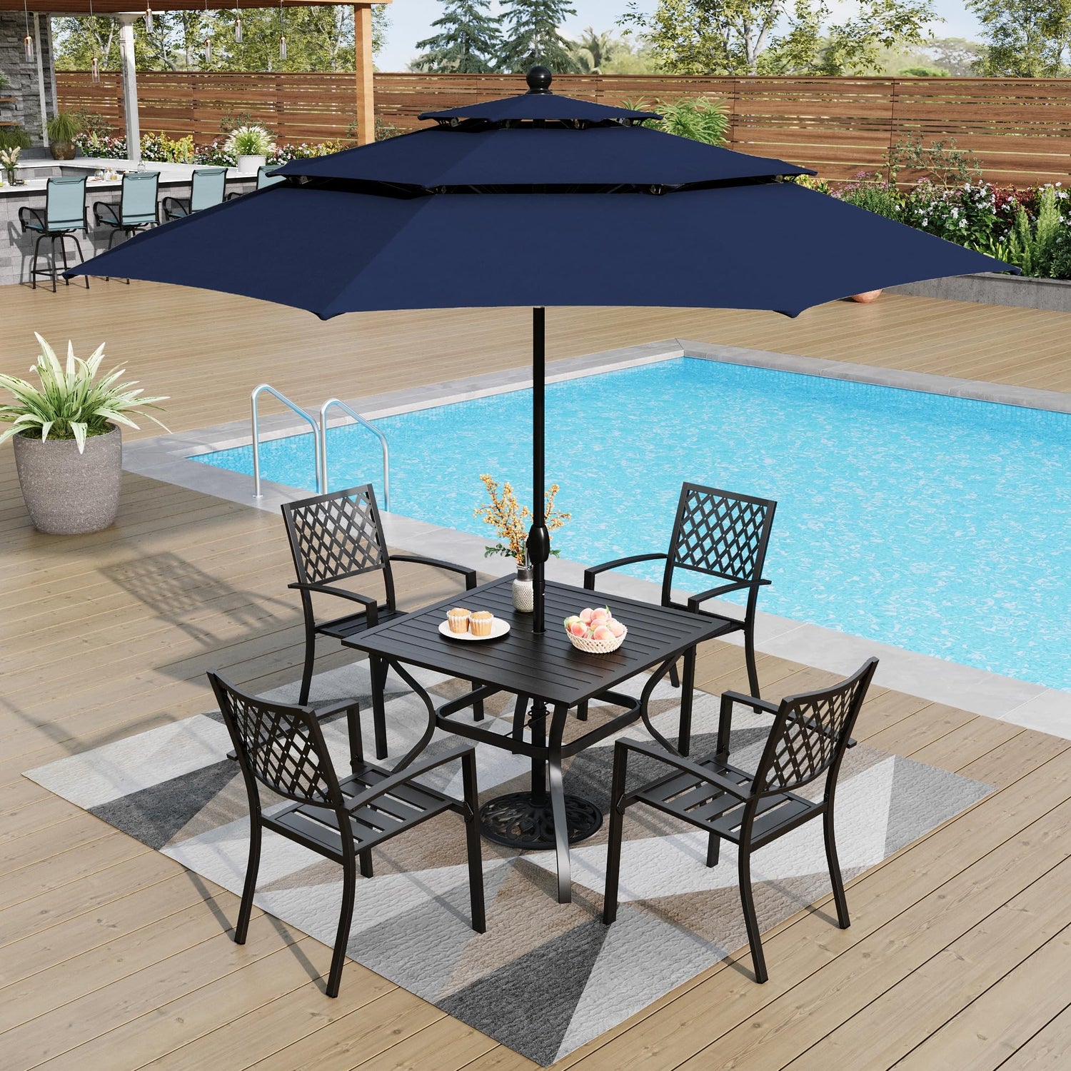 PHI VILLA Patio Dining Set 6 Piece with 4 Metal Outdoor Stackable Chairs, 1 Square Metal Table and 10ft 3 Tier Umbrella(Navy Blue), Outdoor Table Furniture Set for Patio, Deck, Poolside PHI VILLA