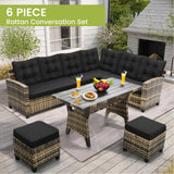 KROFEM 6-Piece Outdoor Patio Furniture Set - Sectional Sofa, Dining Table & Chairs Included, All-Weather Dining Set with Ottoman, Natural Wicker and Black Cushions KROFEM