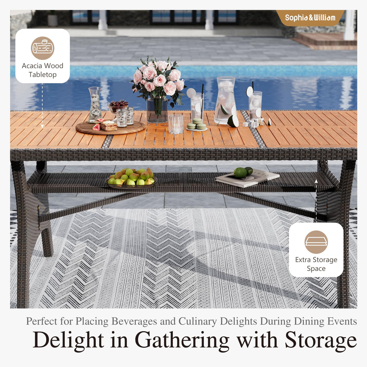 Sophia & William 9 Piece Patio Dining Set, Patio Table and Chairs Set Outdoor Dining Set for 8, Acacia Wood Patio Dining Table Set with PE Rattan Wicker Chairs for Garden, Porch, Backyard Sophia & William