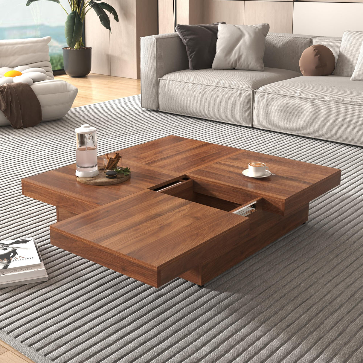 RuiSiSi Square Marble Veneer Coffee Table with Sliding Top and Storage Space, Solid Wood Coffee Table for Living Room, Walnut RuiSiSi