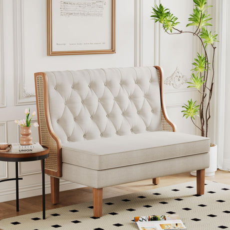 Andeworld Loveseat Settee Bench with Natural Rattan Arms,Upholstered Modern High-Back Mini Sofa Couch,Banquette Dining Bench Love Seat for Living Dining Room Bedroom Office Small Space Entryway,Beige Andeworld