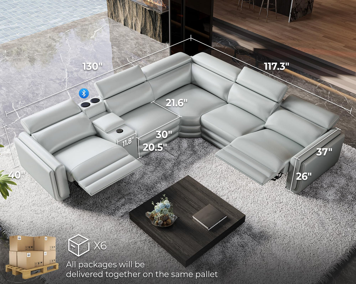 Jocisland Dual Power Recliner, Oversized 5-Seater Sofa with Console, 3 Bluetooth Speakers & Hidden Storage, Modern L Shaped Reclining Couch with 6 Charging Ports - Light Gray Leathaire Jocisland