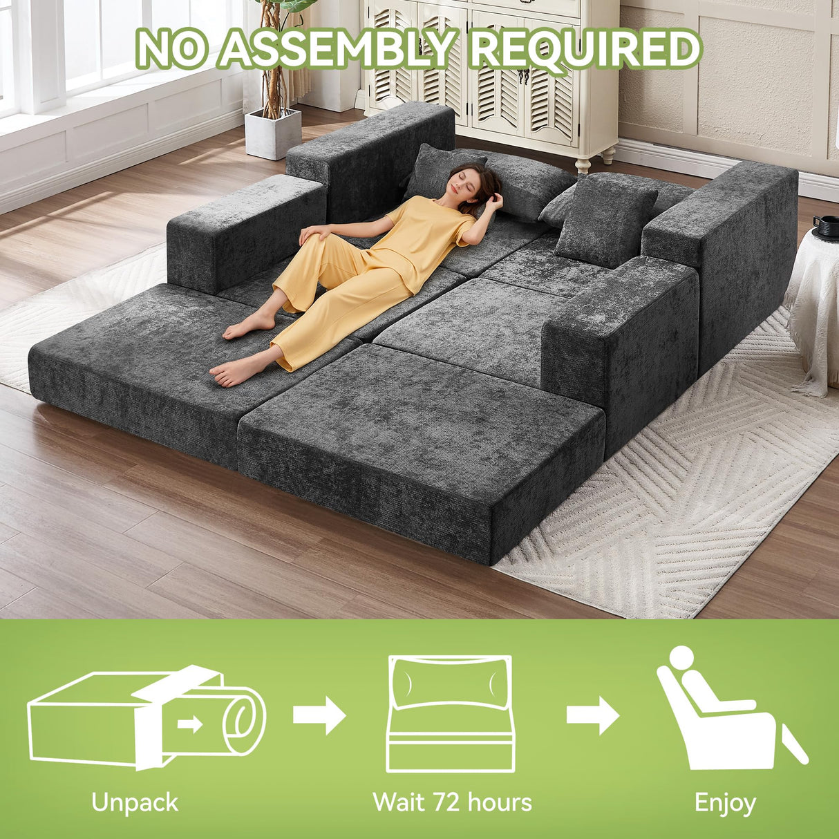 79" Boneless Cloud Loveseat Sofa Couch, Modular Foldable Floor Sofa with Ottoman, Chenille Lounge Convertible Sofa Bed for Living Room, No Assembly, Dark Grey Hatppto