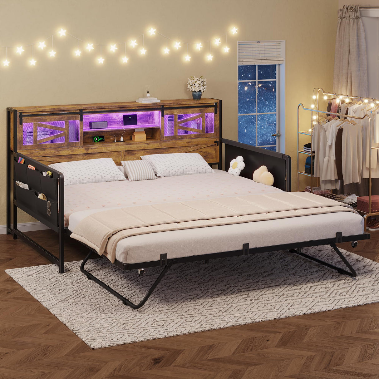 Dnxao Daybed with Pop Up Trundle,Farmhouse Twin to King Daybed with 2-Tier Storage,LED Lights and Charging Station,2 Storage Pockets,Twin Bed Frame for Living Room,Bedroom,Rustic Brown Dnxao