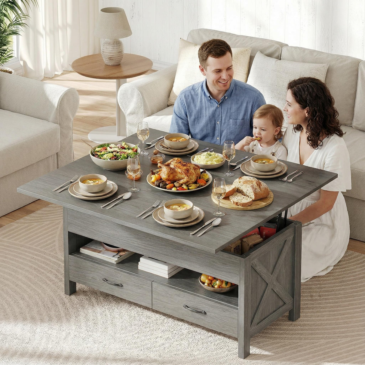 Amada Lift Top Coffee Table, 4 in 1 Convertible Coffee Table with Drawers and Hidden Compartment, Expandable Center Table Converts to Dining Table for Living Room, Wash Grey AMADA HOMEFURNISHING