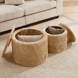 LZAREAL Farmhouse Round Coffee Table with Storage Boho Living Room Table with Lifting Top Hand-Woven Rattan Nesting Coffee Tables for Living Room, Natural LZAREAL