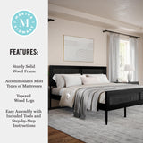 Martha Stewart Jax Platform Bed with Rattan Headboard and Footboard, Solid Wood Frame, Wooden Support Slats, No Box Spring Needed, King Size, Black Martha Stewart
