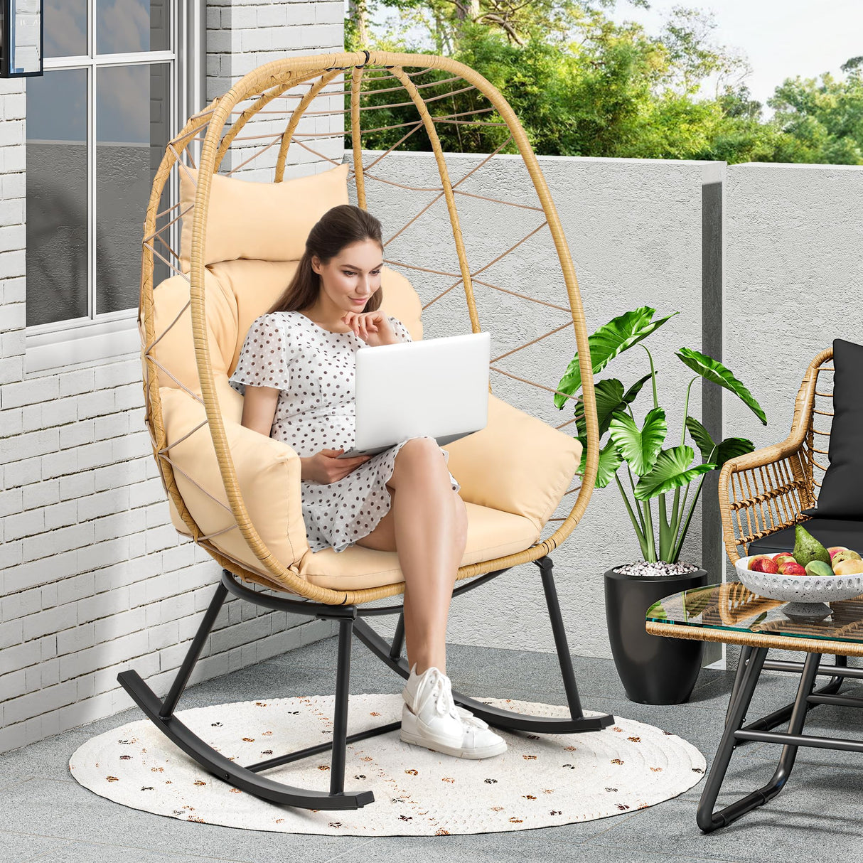 YITAHOME Wicker Rocking Egg Chair, Outdoor Patio Rocking Chair with Cushioned Comfort, 330lb Capacity, Anti-Slip, All-Weather Resilient Egg Lounger Chair for Indoor & Outdoor Relaxation Spaces, Beige YITAHOME