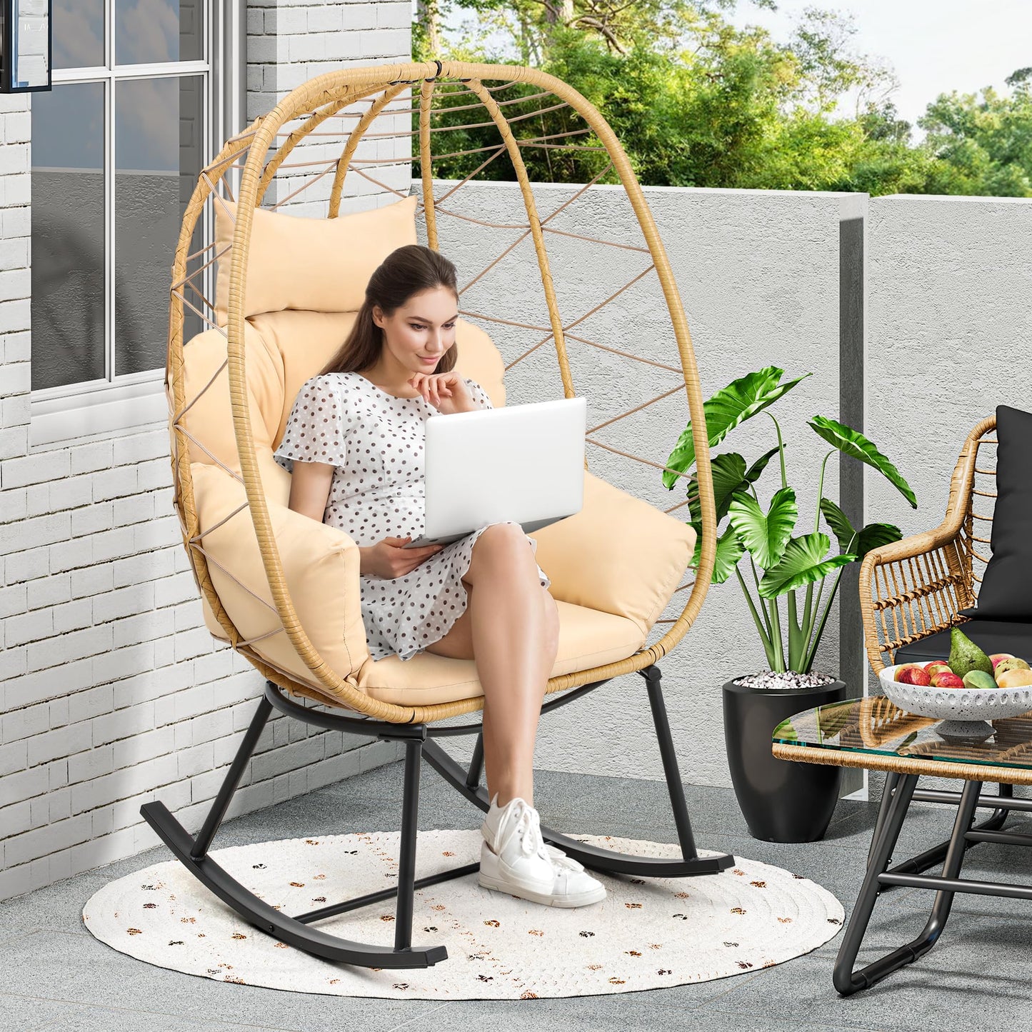 YITAHOME Wicker Rocking Egg Chair, Outdoor Patio Rocking Chair with Cushioned Comfort, 330lb Capacity, Anti-Slip, All-Weather Resilient Egg Lounger Chair for Indoor & Outdoor Relaxation Space - WoodArtSupply