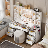 FURNJOYLIFE Large Makeup Vanity Desk with Lighted Mirror & Power Outlet,Vanity Desk Dresser Table with 3 Lighting Modes Brightness Adjustable,Drawers,Shelves,Hair Dryer Stand for Bedroom,White FURNJOYLIFE