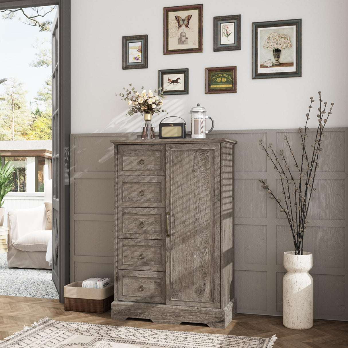 Vabches Farmhouse Dresser Storage Cabinet Chest of Drawer for Bedroom, 5 Drawer Dresser with Sliding Barn Door, 48" Tall Wood Rustic Dresser for Bedroom, Living Room, Entryway, Hallway, Washed Grey Vabches