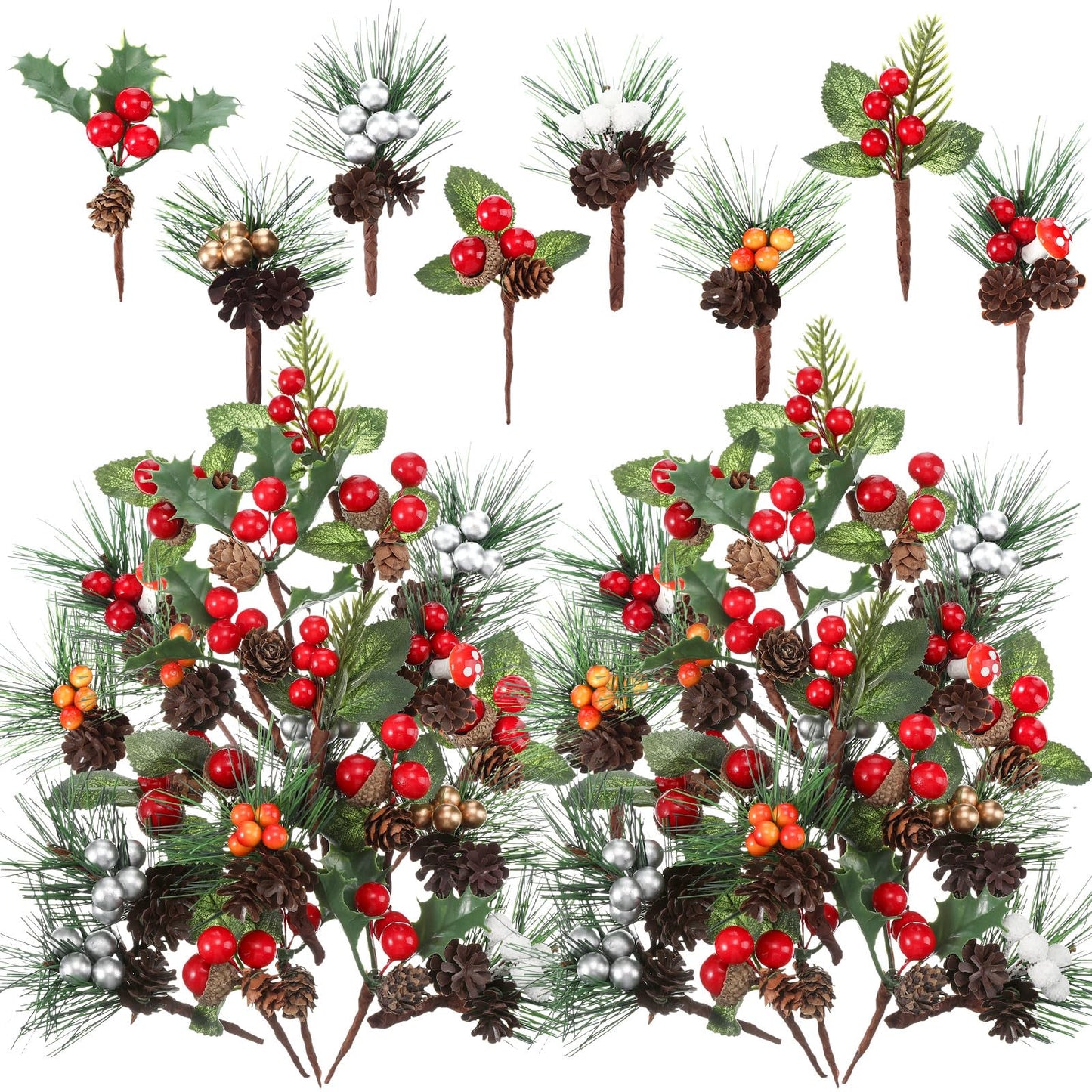 Panelee 48 Pcs Christmas Artificial Pine Picks Floral Pine Cones Sprays Wreath Christmas Decorations Berry Stem Branches with Holly Leaves for Xmas Tree Christmas Winter Holiday