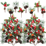 Panelee 48 Pcs Christmas Artificial Pine Picks Floral Pine Cones Sprays Wreath Christmas Decorations Berry Stem Branches with Holly Leaves for Xmas Tree Christmas Winter Holiday Panelee