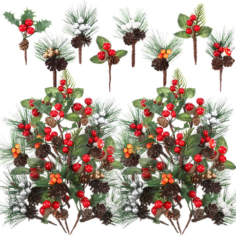 Panelee 48 Pcs Christmas Artificial Pine Picks Floral Pine Cones Sprays Wreath Christmas Decorations Berry Stem Branches with Holly Leaves for Xmas Tree Christmas Winter Holiday Panelee