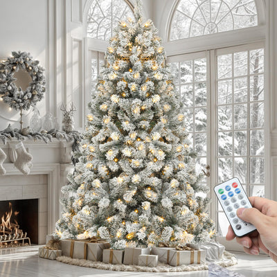 YITAHOME Prelit Snow Flocked Artificial Full Christmas Tree 7.5ft with Remote Control, Christmas Pine Tree with 11 Light-Modes, 1450 Branch Tips and Foldable Base for Home, Party Decoration