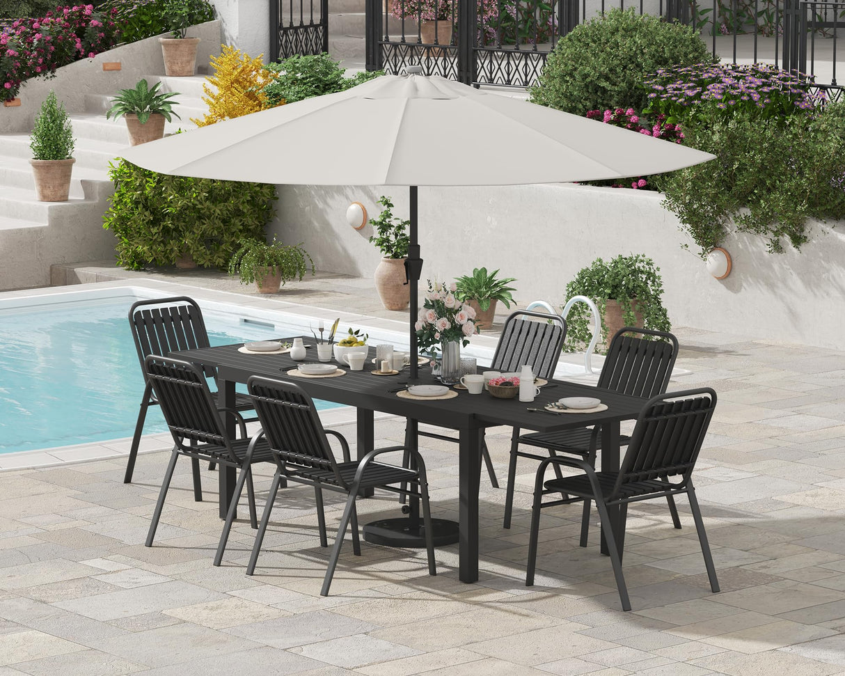 PIZZELLO 7 Pieces Outdoor Dining Set, 106" Aluminum Extendable Patio Dining Table w/ 6Pcs Stackable Patio Chairs, All Weather Outdoor Table and Chairs Sets for Backyard, Garden, Deck and Poolside PIZZELLO