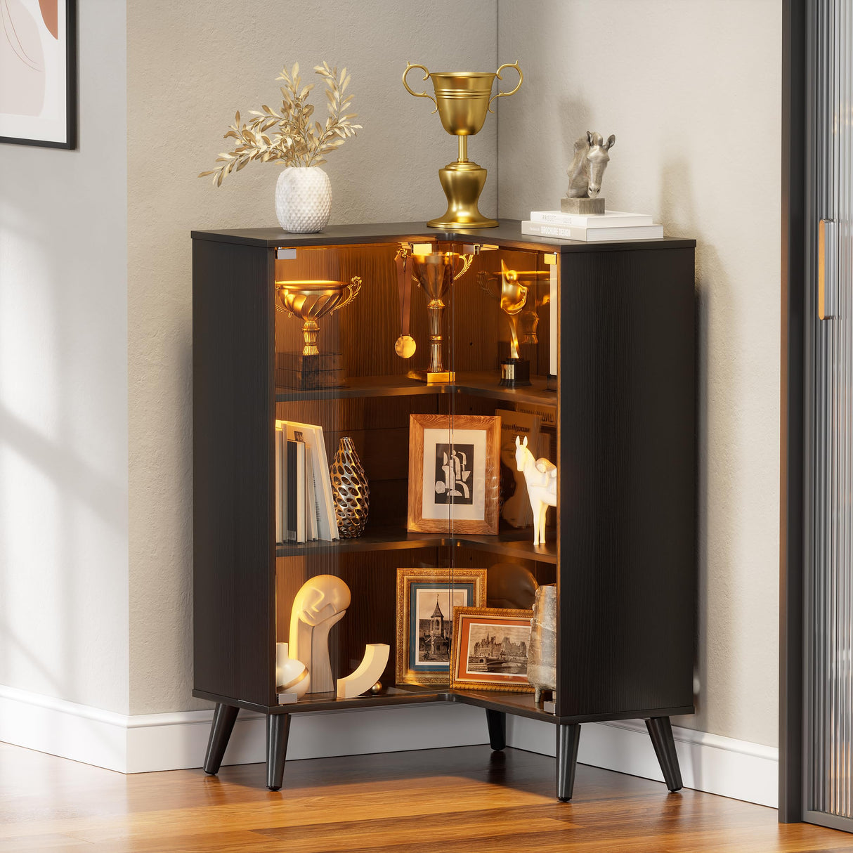 PAKASEPT 3-Tier Corner Glass Display Cabinet with LED Lights for Collectibles,Display Case with Tempered Glass Doors,Curio Cabinet with 6 Adjustable Shelves,Kids Bookcase for Bedroom, Living Room PAKASEPT