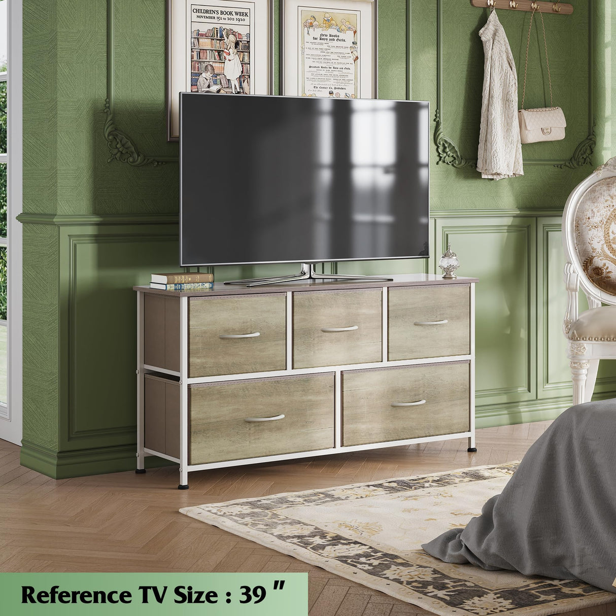 WLIVE Dresser for Bedroom with 5 Drawers, Wide Chest of Drawers, Fabric Dresser, Storage Organizer Unit with Fabric Bins for Closet, Living Room, Hallway, Greige Oak WLIVE