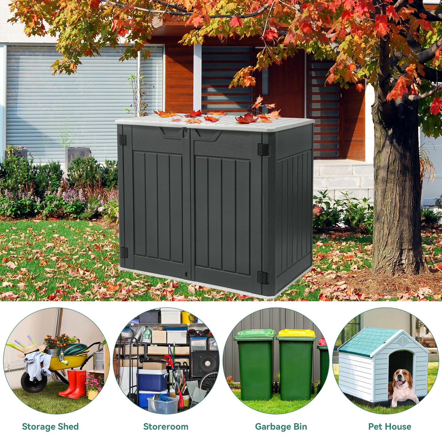 YITAHOME Large Outdoor Horizontal Storage Shed, 47 cu ft Resin Tool Shed w/o Shelf, Waterproof Outdoor Storage with floor for Trash Cans, Garden Tools, Lawn Mower, Lockable, 4.5x2.8x3.9 ft, D - WoodArtSupply