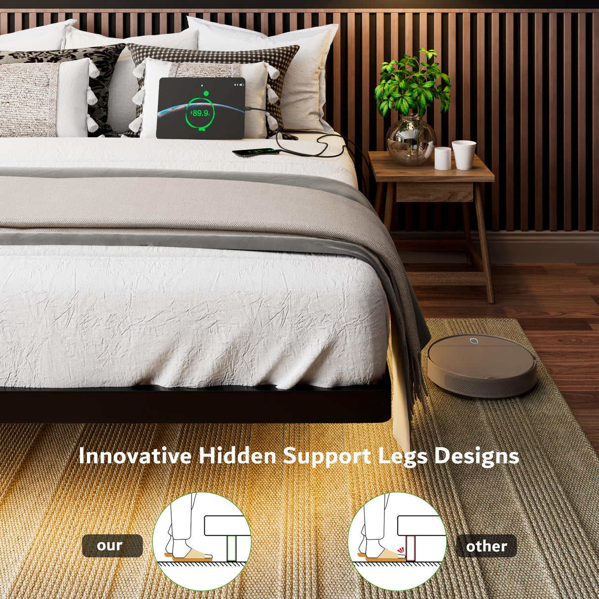 iPormis Modern King Size Floating Bed Frame with LED Lighting & Charging Station, Durable Metal Platform Design iPormis