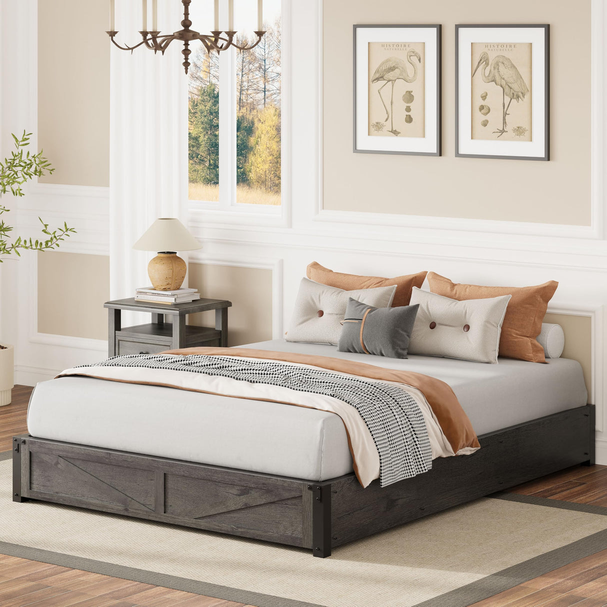 LIKIMIO Platform Queen Size Bed Frame, Farmhouse Bed Frames with Lift Up Storage, Wooden Slats, Sturdy and No Noise, Easy Assembly, Charcoal Grey LIKIMIO