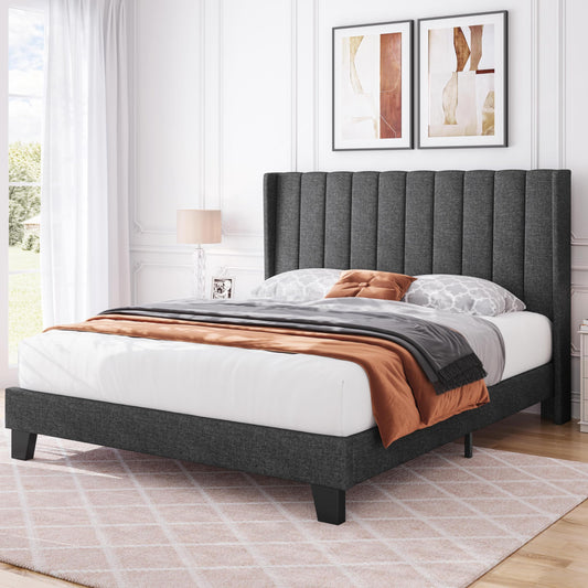 Yaheetech Upholstered Full Size Bed Frame with Wing Headboard & Wooden Slats - Dark Gray - WoodArtSupply