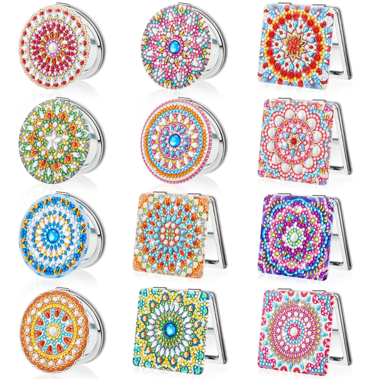 Kigley 12 Pcs Mandala Makeup Diamond Painting Mirror DIY Pocket Mirror Compact Diamond Art Kits for Adults Portable Crystal Magnifying Folding Purse Mirror for Beginners Women Man Crafts Kigley