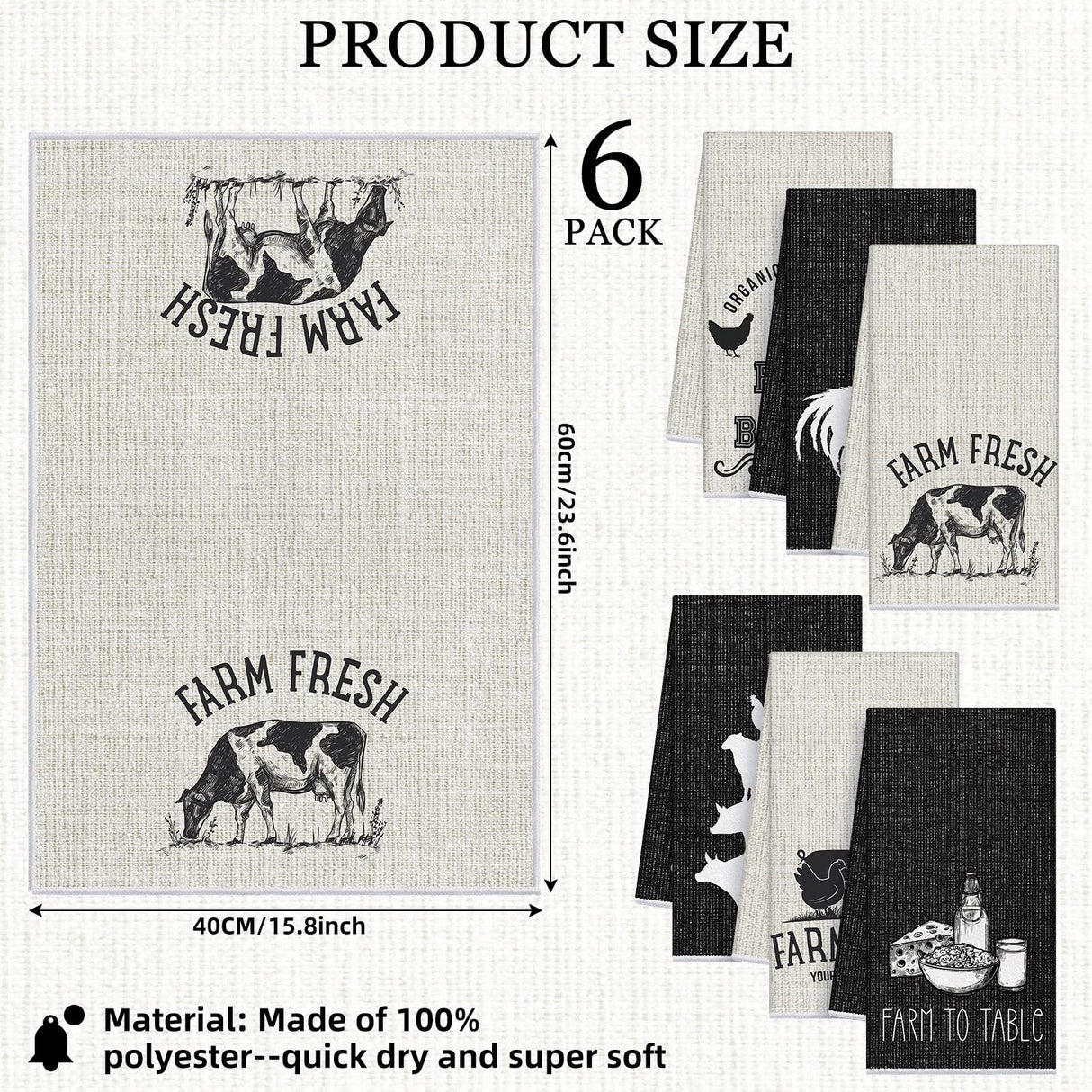 Redbaker 6 Pcs Farm Animal Kitchen Towels Farmhouse Funny Dish Towel Rustic Hand Towels Rooster Cow Pig Decorative Tea Dishcloth Absorbent with Hanging Loop for Kitchen Bathroom Housewarming Gift Redbaker