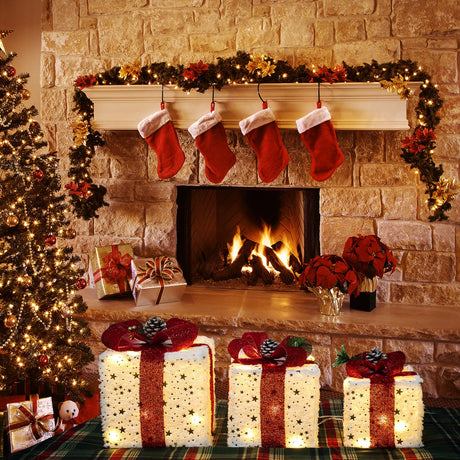 Christmas Decorations, Set of 3 Christmas Lighted Gift Boxes, Plush Christmas Ornaments with 60 LED Warm White Christmas Lights for Christmas Tree Skirt Fireplace Table Room Indoor Decor Aokudoni