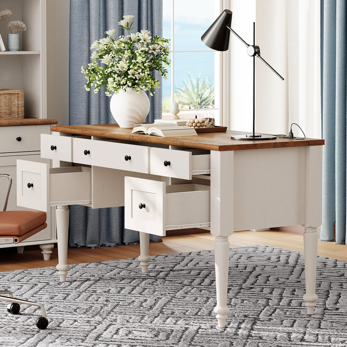 WAMAPT Farmhouse Executive Desk with 5 Drawers, Home Office Desk with Charging Station, Wood Computer Desk with File Cabinet Storage, Door, Open Shelf for Work and Study, White, 55 inch WAMPAT