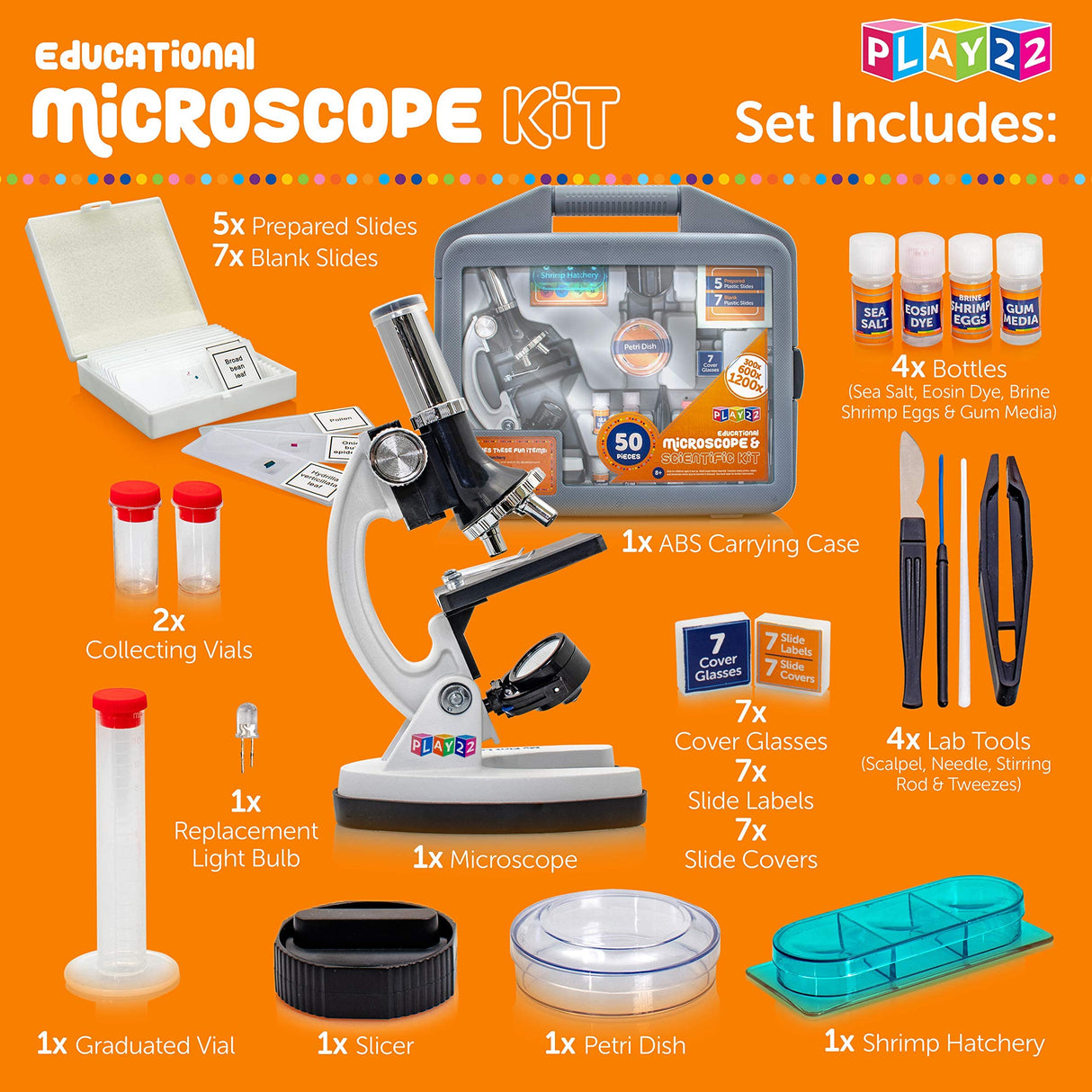 Play22 Kids Microscope Kit 50 PCS - Science Kit for Kids 120X-1200X Microscope Slides, Metal Body Microscope, Carrying Box, Science Experiments Lab Toy Gifts Play22