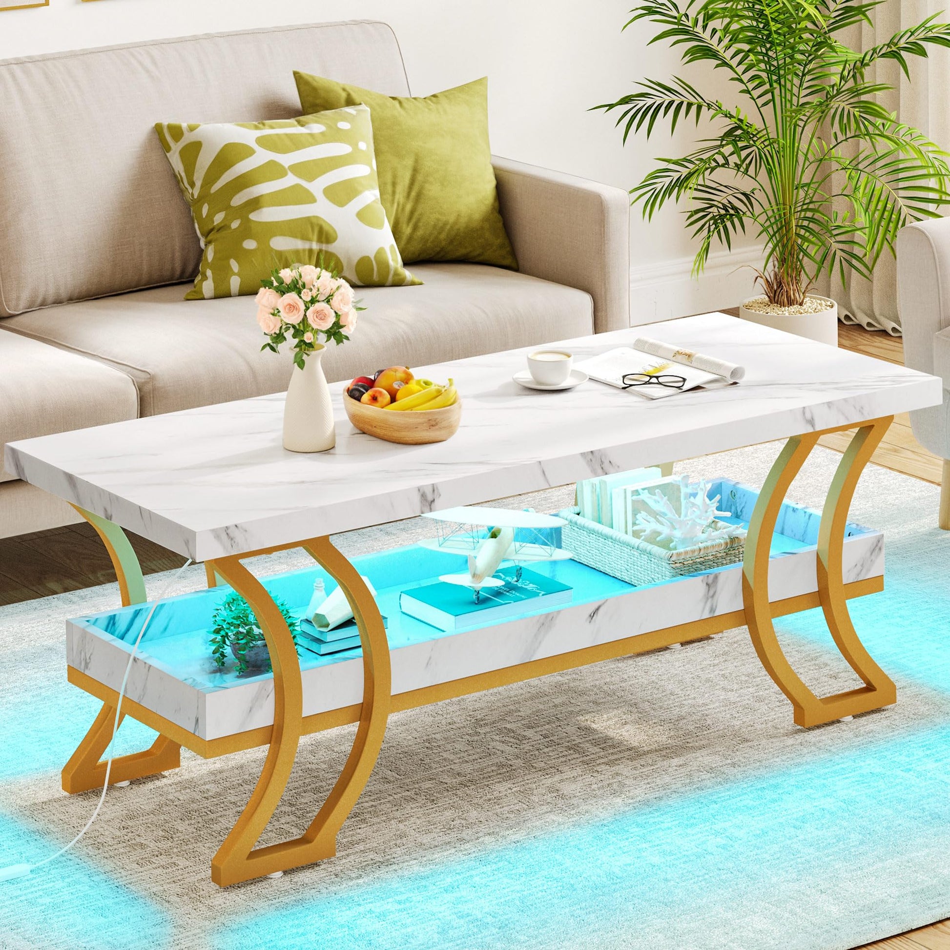 YITAHOME Coffee Table Modern Coffee Tables for Living Room White Marble Coffee Table Led Coffee Table with Storage 2-Tier Wood Center Table, Gold and White - WoodArtSupply