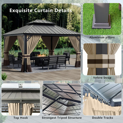 ASJMR 12x14ft Hardtop Gazebo Double Roof, outdoor pavilion with 2-layer hard top galvanized iron frame garden tent, suitable for courtyards, backyards, decks, and grass