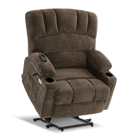 MCombo Large Power Lift Recliner Chair Sofa with Massage and Heat for Big Elderly People, USB Ports, Side Pockets, Fabric R7092 (Coffee, Large-Wide) MCombo