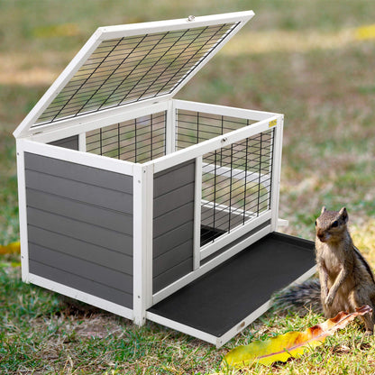 COZIVVOVV Wooden 35Inchs Indoor Outdoor Rabbit Hutch, Small Animal Houses & Habitats, Large Bunny Cage with Removable Tray, Single Level Guinea Pig Hamster Cage（Grey）