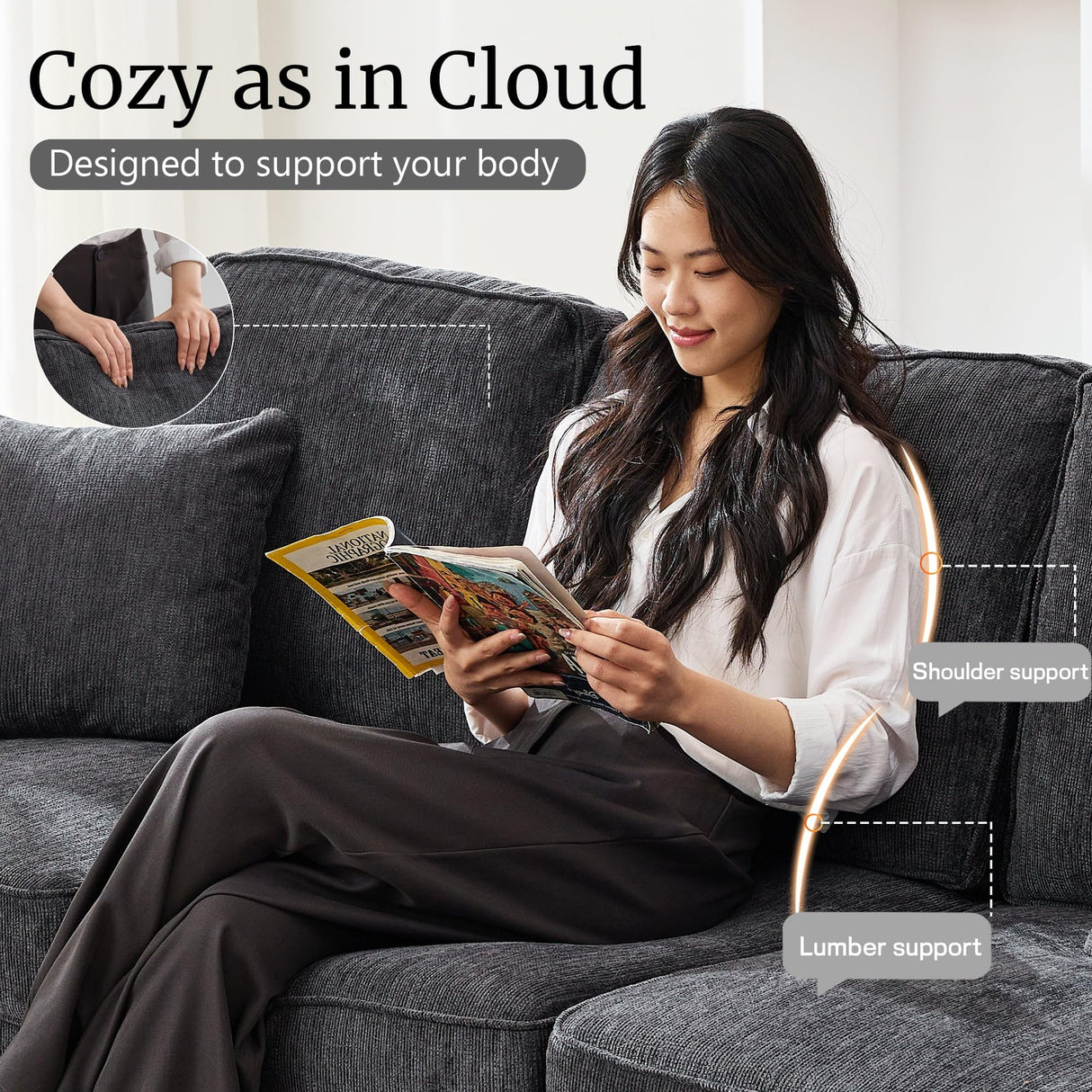 Couches for Living Room, 89 inch Cloud Couch Sofa in Chenile with Extra Comfy Soft Deep Seats, Modern 3 Seater Sofas for Living Room Bedroom Office Apartment, Grey Korser