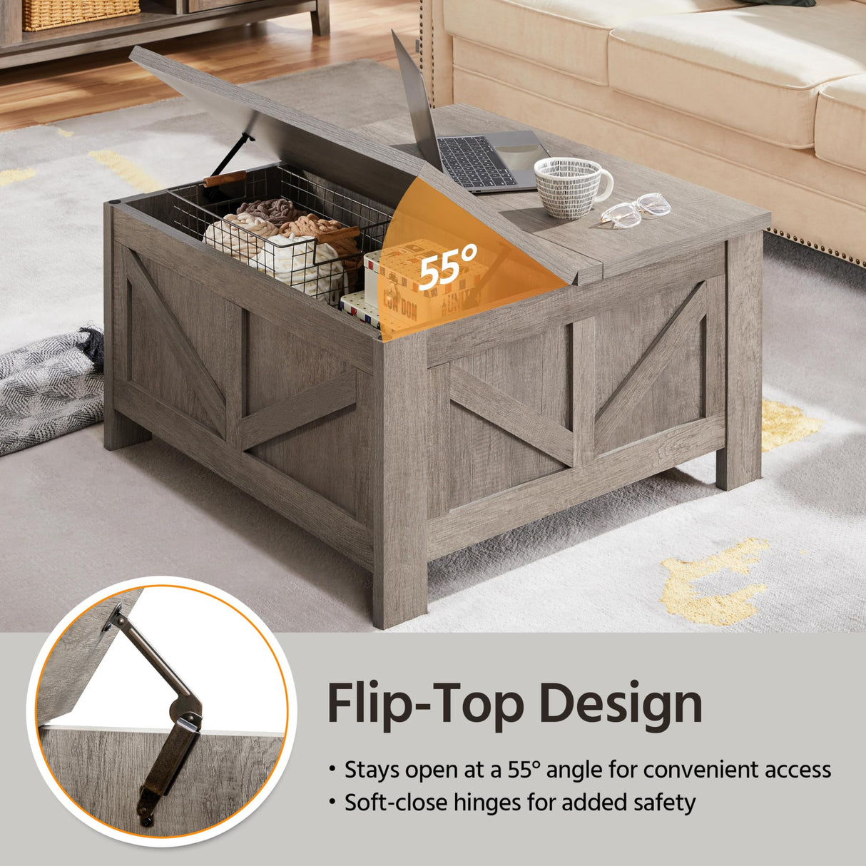 Yaheetech Lift Top Coffee Table, Square Farmhouse Coffee Table with Hidden Storage Compartment, Wood Center Table for Living Room, Home Office, Gray Yaheetech