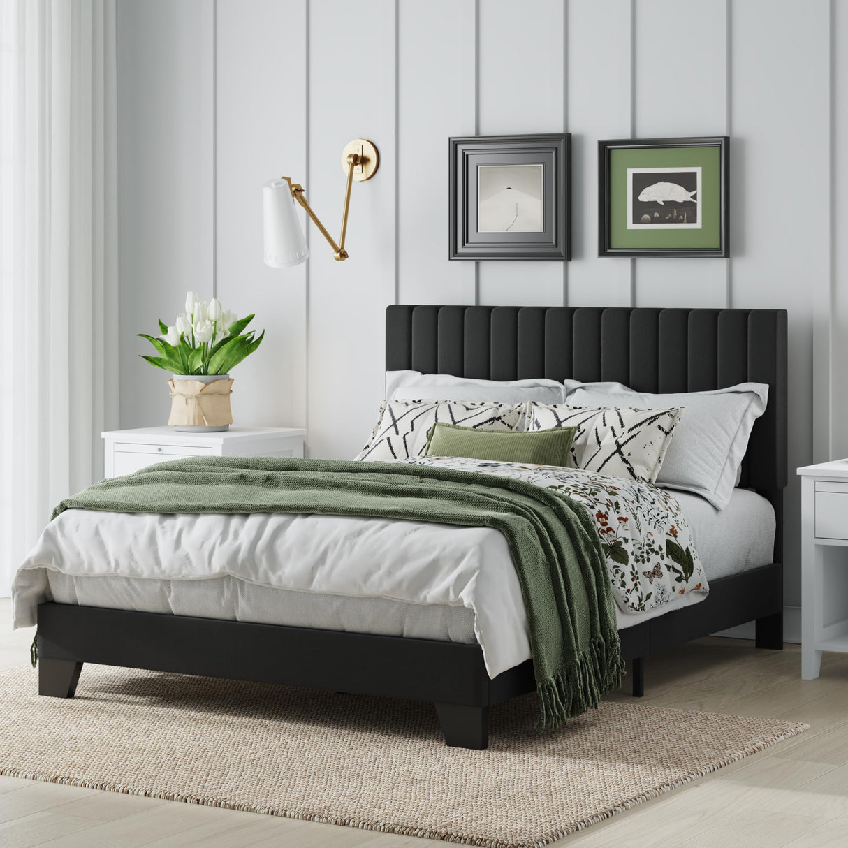 AILUNWALL Full Size Bed Frame, Velvet Upholstered Platform Bed with Adjustable Tufted Headboard, Sturdy Frame and Slats, Noiseless, No Box Spring Required, Easy to Assemble, Black AILUNWALL