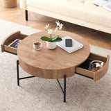 IDEALHOUSE Round Coffee Table Living Room Wood Center Table with Two Drawers Farmhouse Coffee Table Rustic Circle Cocktail Table Metal Legs, Easy Assembly, Natural IDEALHOUSE