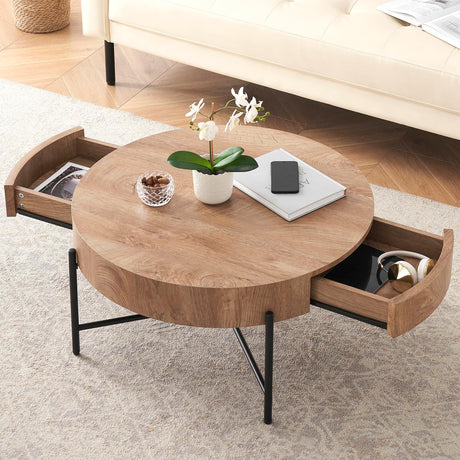 IDEALHOUSE Round Coffee Table Living Room Wood Center Table with Two Drawers Farmhouse Coffee Table Rustic Circle Cocktail Table Metal Legs, Easy Assembly, Natural IDEALHOUSE