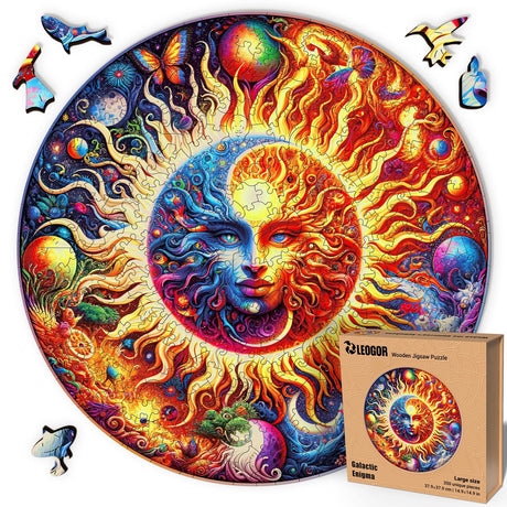 LEOGOR Mosaic Wooden Jigsaw Puzzles for Adults with Whimsical Pieces – 350 Piece Colorful Sun and Moon Puzzle with Unique Animal-Shaped Wood Pieces – Beautiful Design, Large 14.9'' x 14.9'' LEOGOR