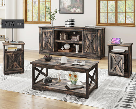 AMERLIFE 4-Piece Farmhouse Table Set Includes Sliding Barn Door TV Stand, Coffee Table& Two End Tables, Side Table with Charging Station and USB Ports, for Living Room, Dark Oak, 66" AMERLIFE
