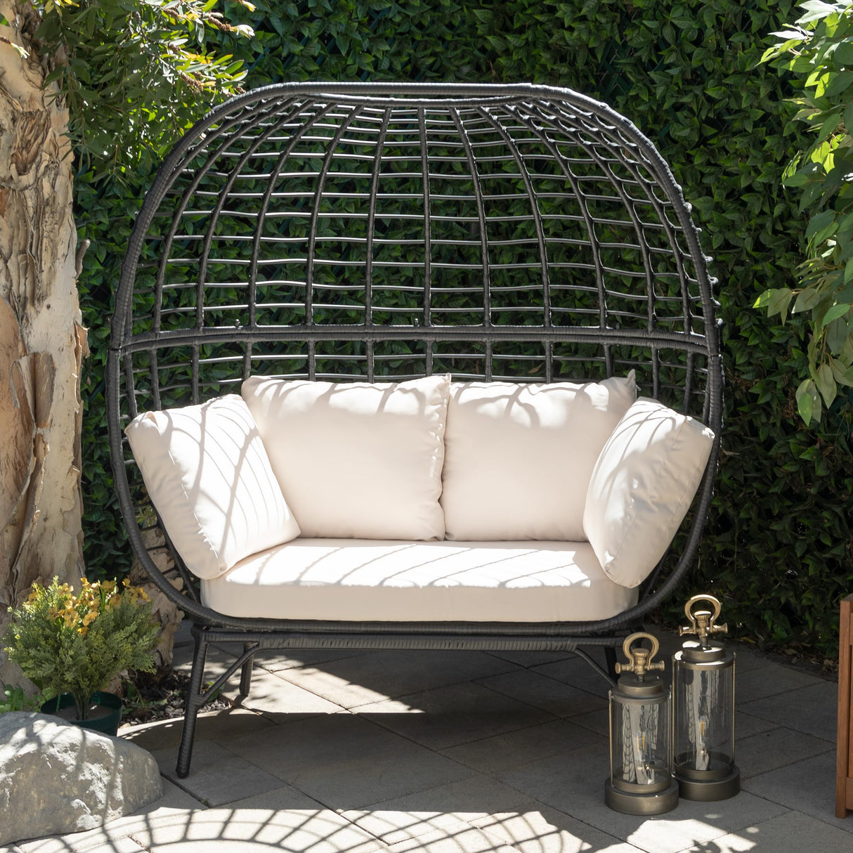 Alpine Corporation MHQ130 Indoor/Outdoor Double Seat Egg Chair w/Cushions, Versatile Patio & Sun Room Seating, 57" H, Black Alpine Corporation