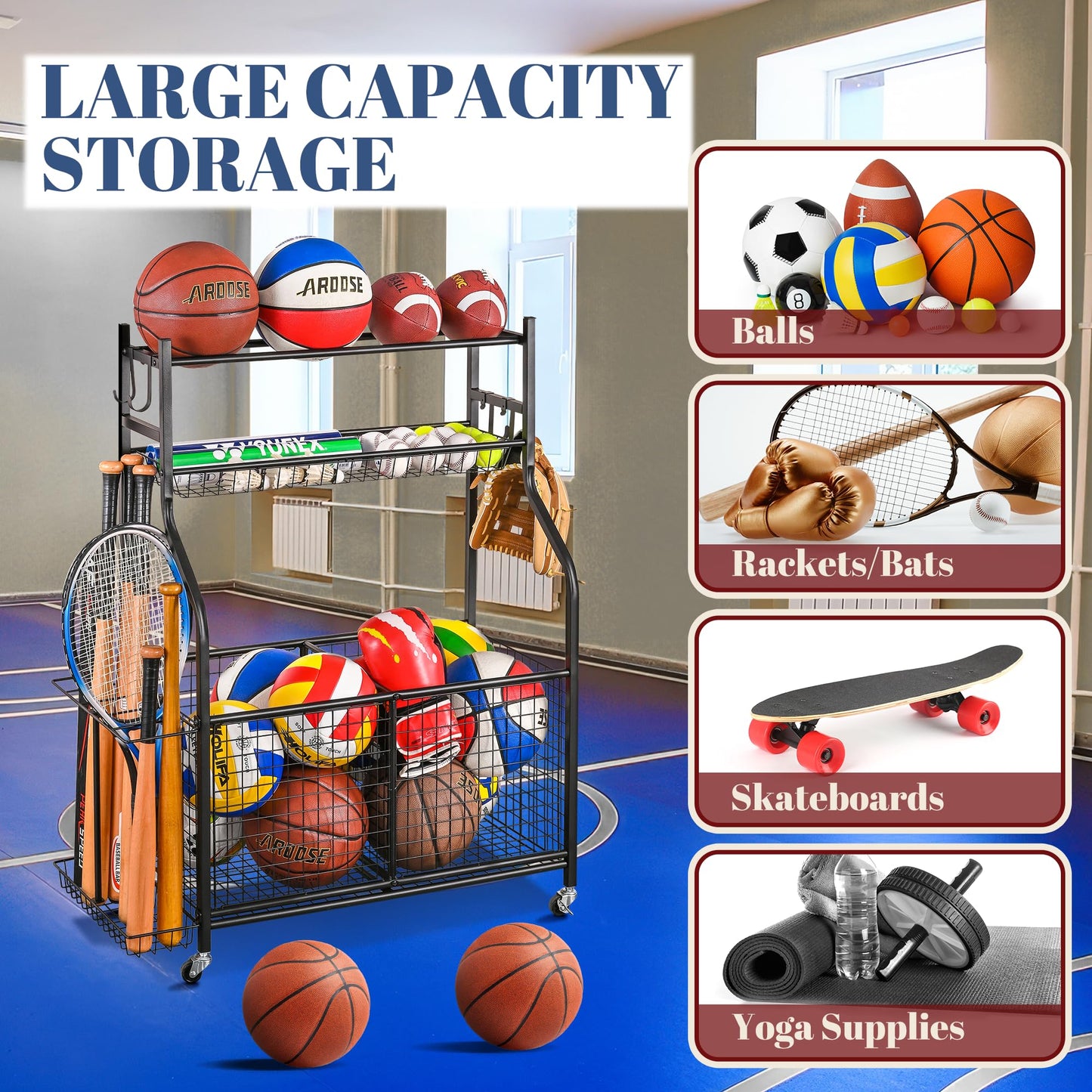 Mythinglogic Sports Equipment Garage Organizer,Garage Ball Storage for Sports Gear and Toys, Rolling Ball Cart with Wheels for Indoor/Outdoor Use