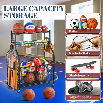 Mythinglogic Sports Equipment Garage Organizer,Garage Ball Storage for Sports Gear and Toys, Rolling Ball Cart with Wheels for Indoor/Outdoor Use