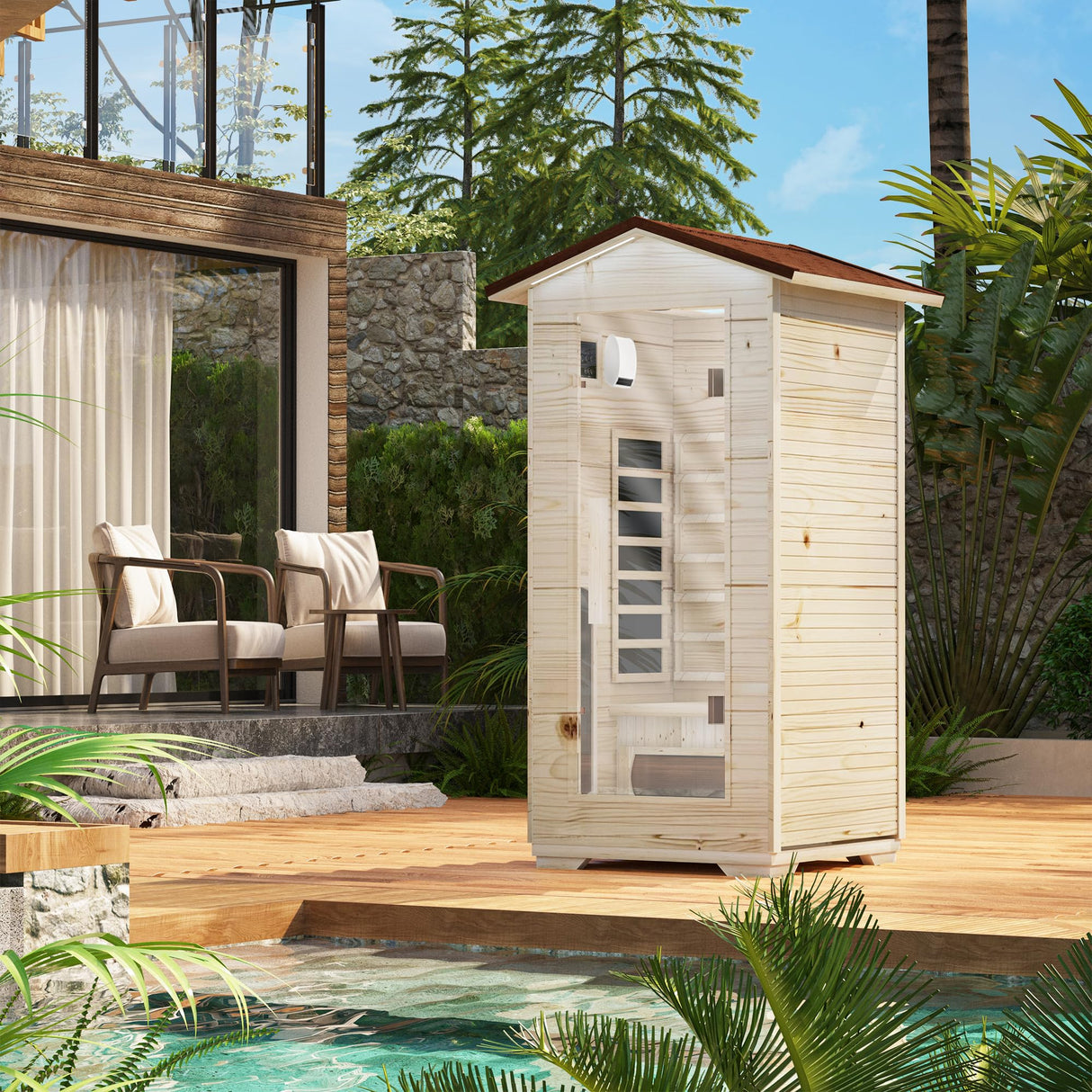 BNEHS Outdoor Sauna 1 Person,Full Spectrum Infrared Sauna,Home Sauna with 10 Minutes Warm Up Heating Tubes & Panels,Personal Wooden Sauna Room with Bluetooth Speaker,1820Watt BNEHS